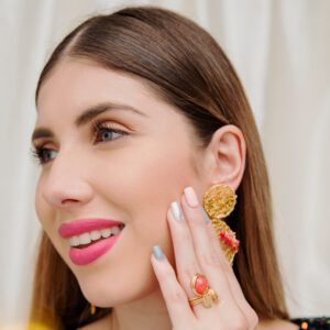 Anillo Solitario Doble Vuelta con Hilo Tex y Jade Coral 12mm